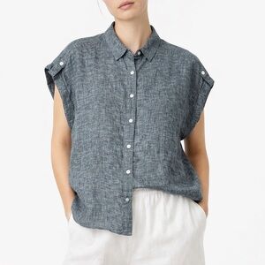 LORD & TAYLOR 100% Linen Grey Chambray Button Down Sleeveless Shirt US Sz L